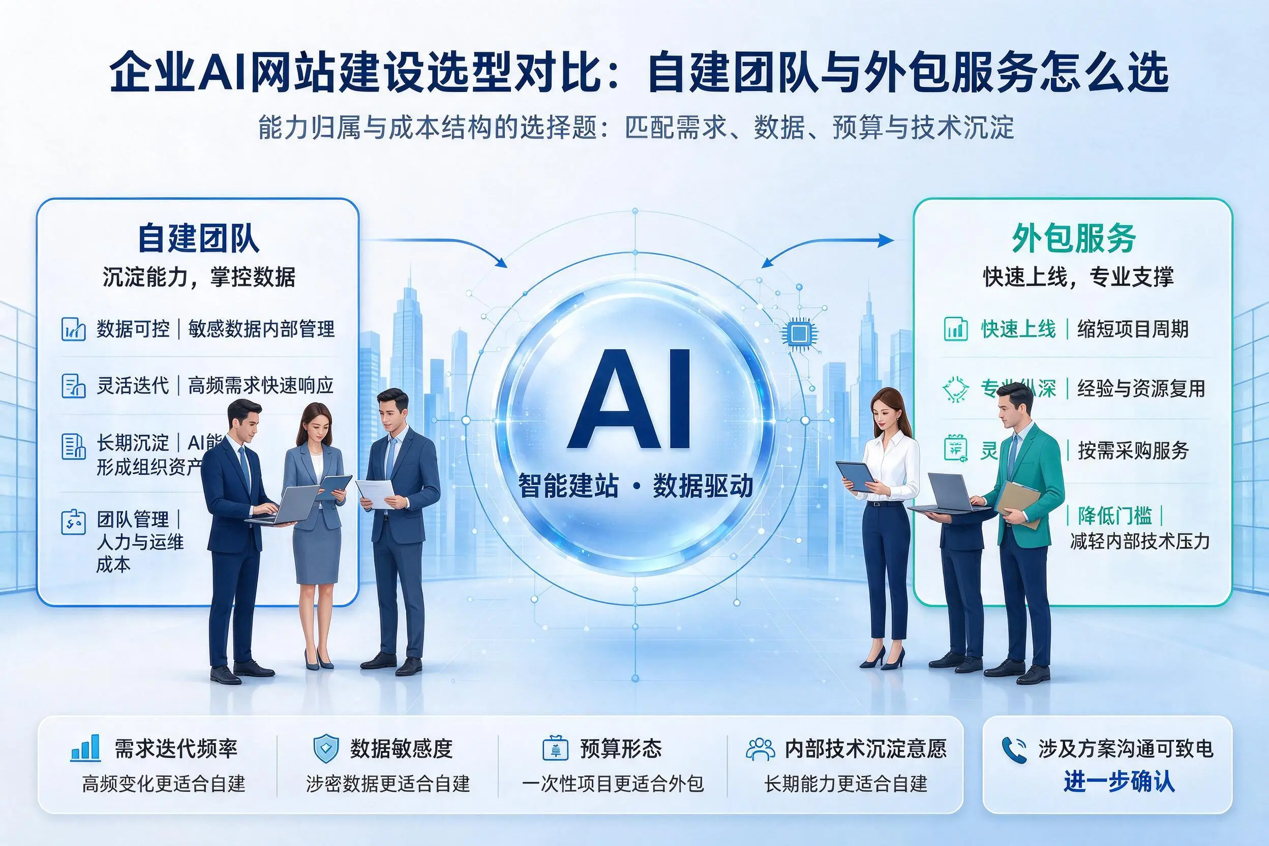 信阳企业AI网站建设选型对比:自建团队与外包服务怎么选